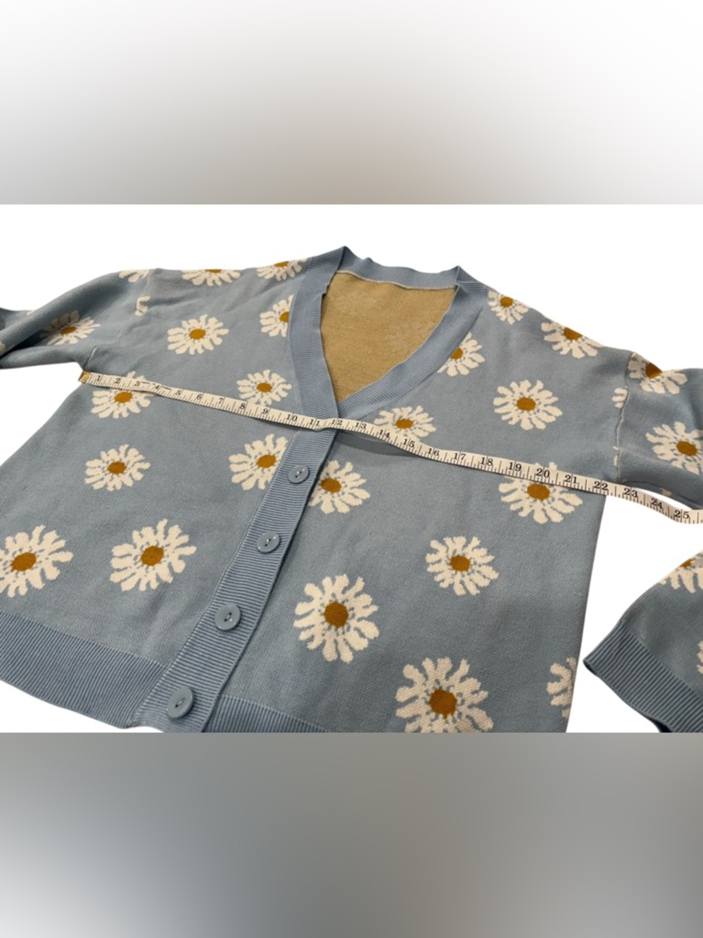 Daisy-Print Light Blue V-Neck Cardigan Sweater - Picture 2 of 5